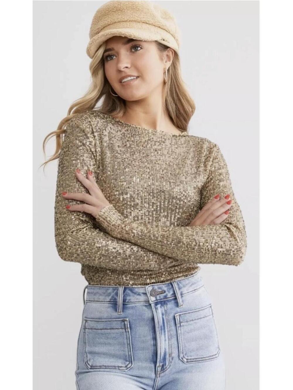 Free People Gold Rush long Sleeve Gold Sequin Top for Clubbing New Years Vegas